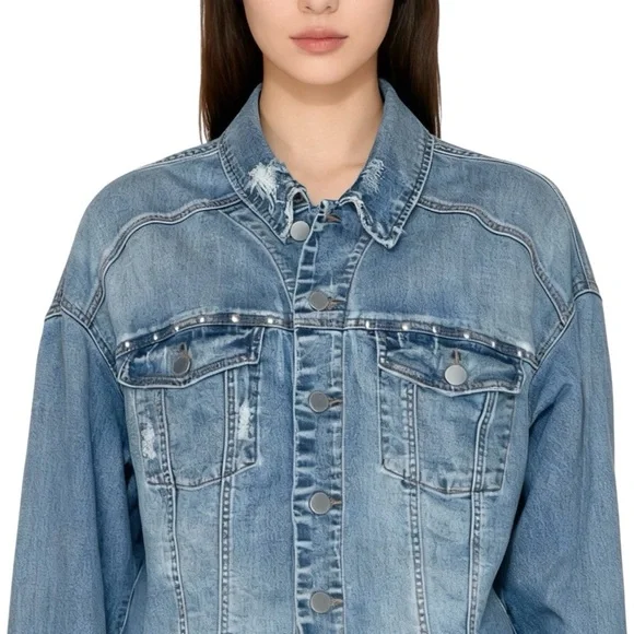 Liverpool Faded Blue Distressed Wide Long Sleeve Crop Denim Jean Jacket Medium - Picture 14 of 14